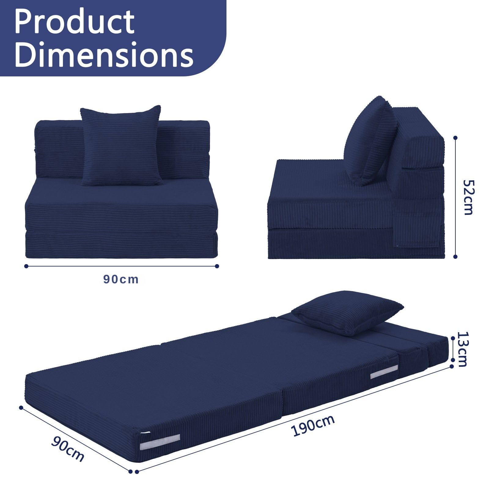 MeMoreCool Folding Mattress Single, Corduroy Fold Out Sofa Bed, Grey