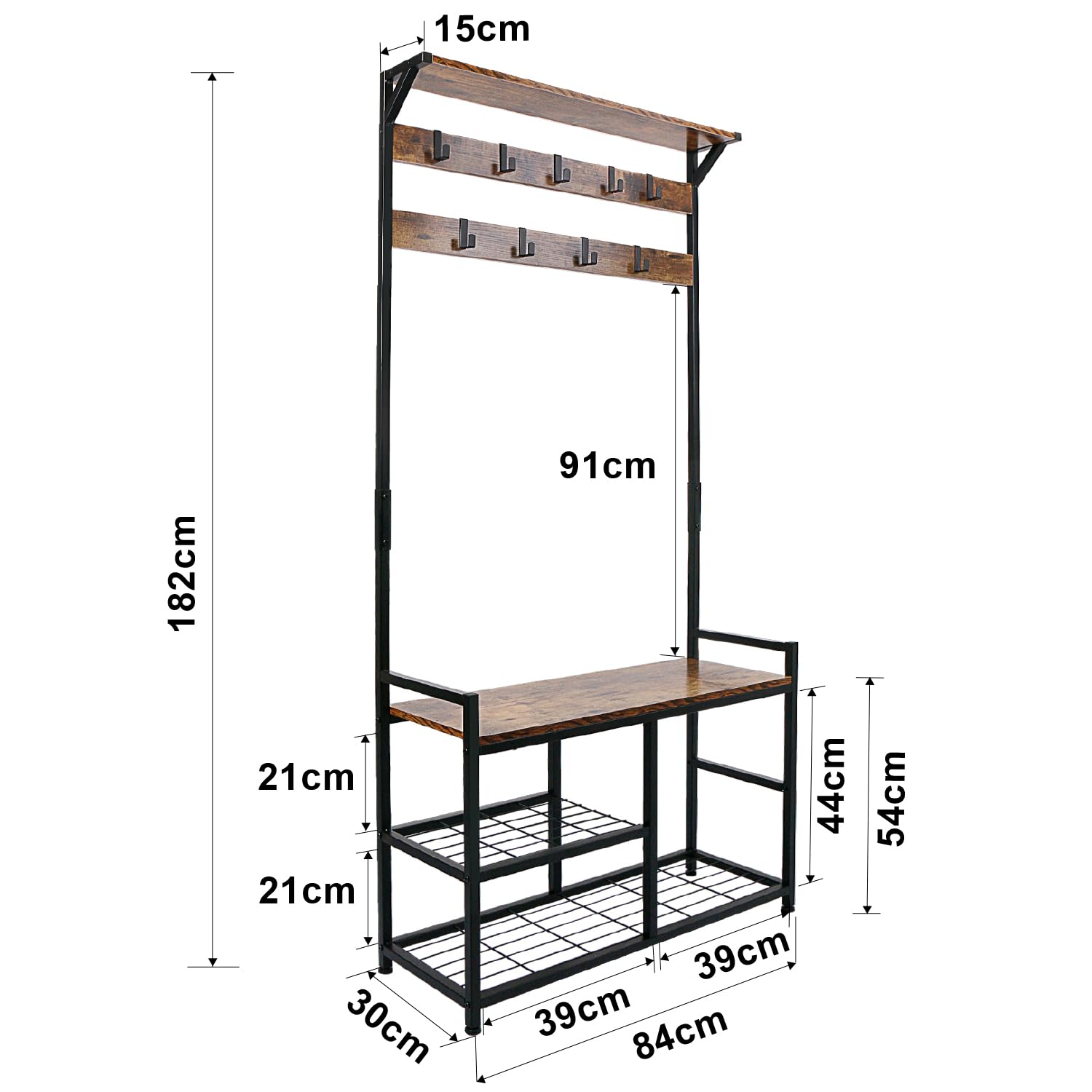 Industrial Coat Rack Freestanding Hall Tree 33"x12"x71.5" Rustic Brown