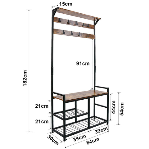 Industrial Coat Rack Freestanding Hall Tree 33"x12"x71.5" Rustic Brown