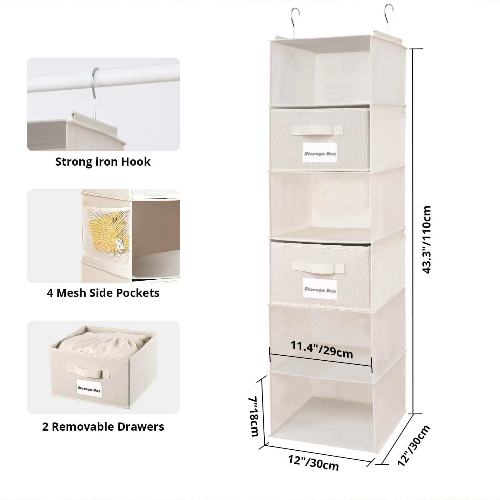 BrilliantJo Hanging Wardrobe Organiser 6 Shelves with 2 Removable Drawers Closet Storage, hanging Shelves Unit with 4 Pockets for Clothes