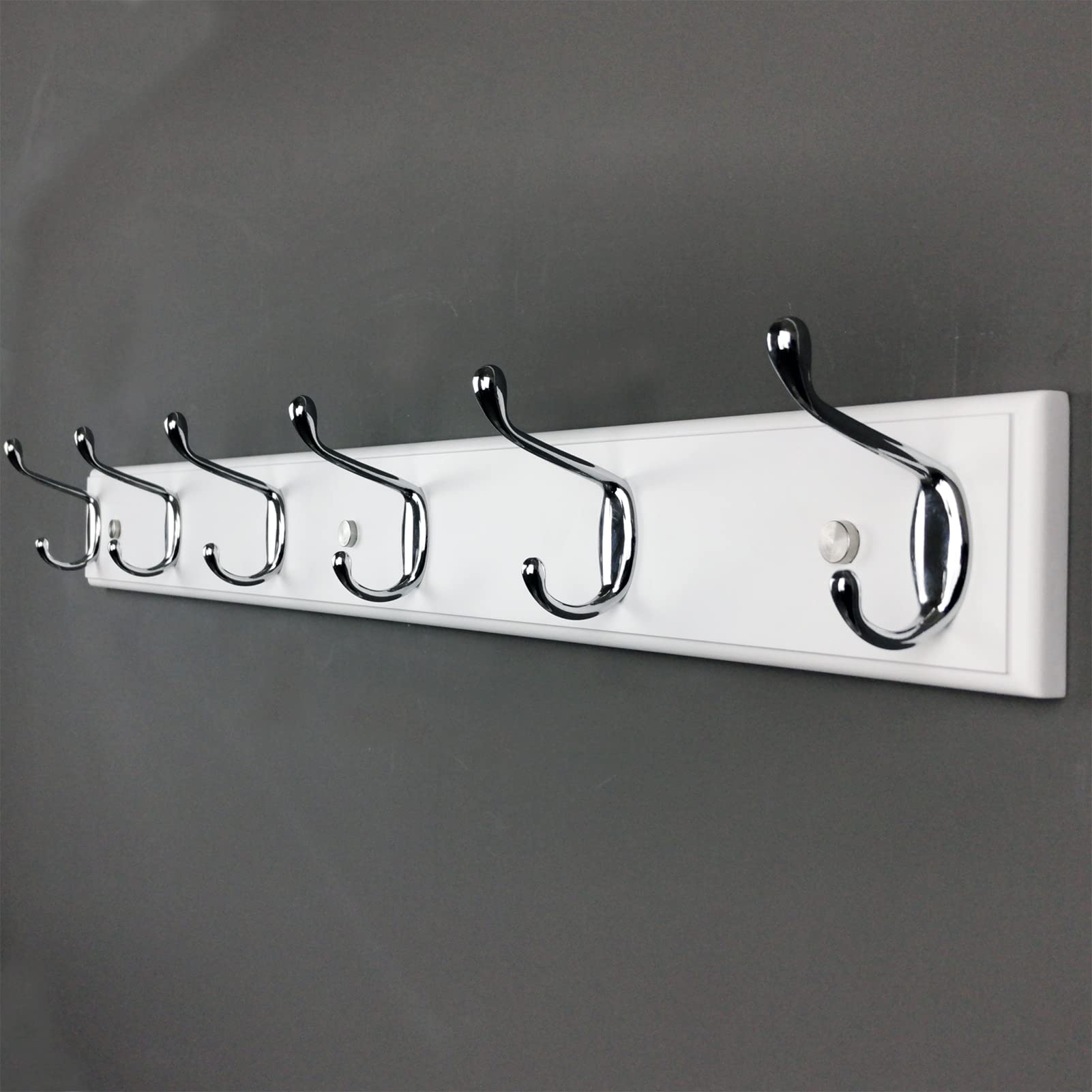 lomejii Long Wooden wall Mounted Coat Rack Wood White 6 Hooks, 70 cm, Sturdy Silver Coat Hook Rack for Clothes, Hats, Bags
