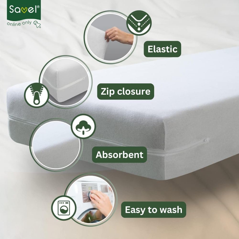 SAVEL - Mattress Encasement (80x190/200 cm) Small Single Size | Adjustable and Elastic | Absorbent Mattress Protector - White