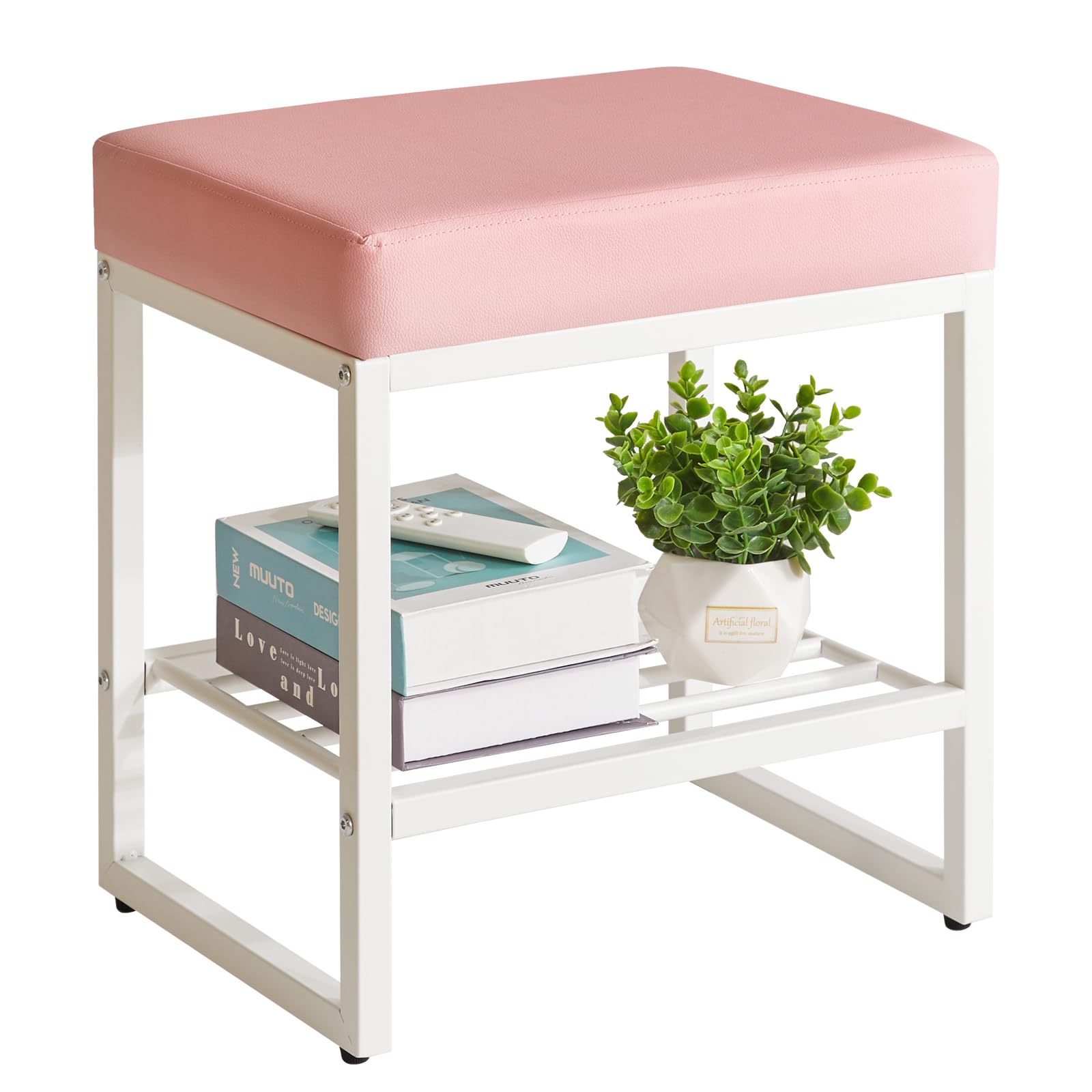 Aibiju Pink Dressing Table Chair, Footrest Stool with Adjustable Feet, PU Seat Vanity Stool