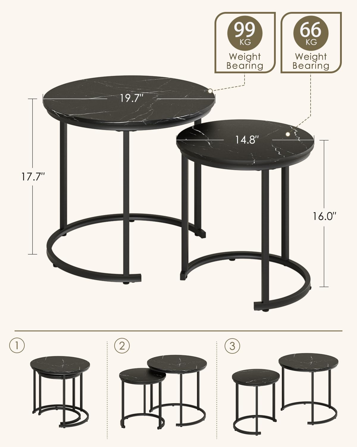 HEYZOEY Round Coffee Tables, Removable Set of 2 End Table, Nesting Table, Side Table with Black Metal Frame Legs and Marble Black Top for Living Room