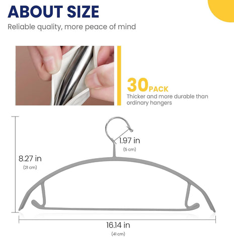 Jiang&Rong 30 Pack Rubber-Coated Non-Slip Metal Hangers (Grey)
