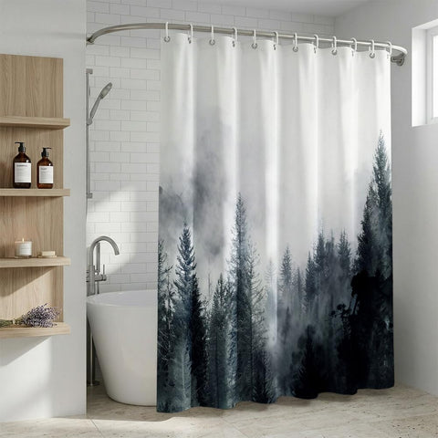 Rohxyzo Washable Shower Curtain with Hooks, Wet Room Shower Curtain 180 x 180 cm, Ink Art Misty Forest Print