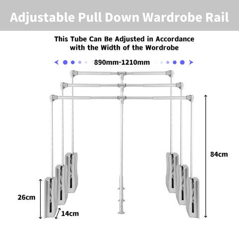 ybaymy Pull Down Wardrobe Rail Adjustable Width 890mm to 1210mm Pull Down Hanging Rail for Wardrobe Heavy Duty Pull Down Clothes Rail Lift for Closet