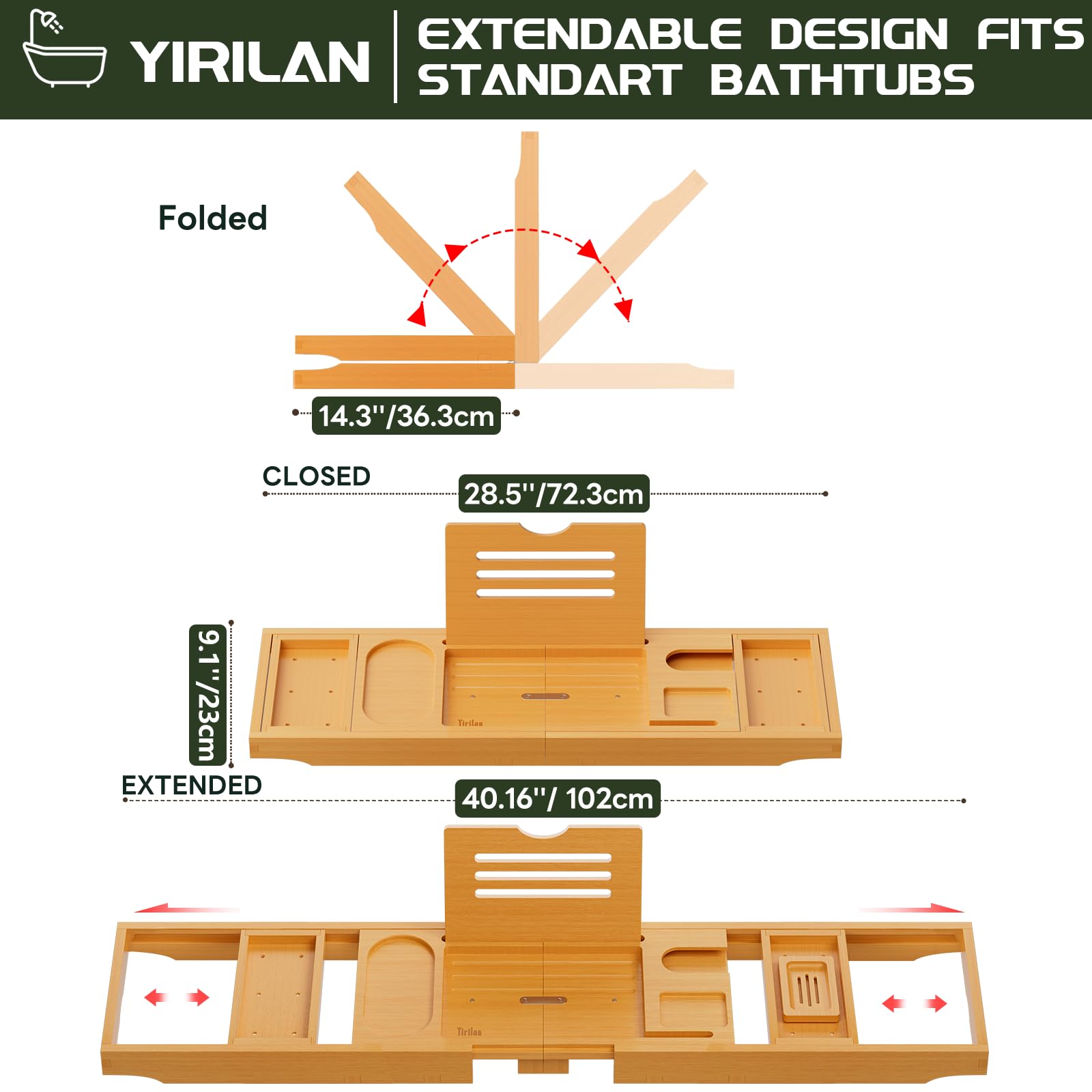 Yirilan Premium Bathtub Tray Caddy, Expandable Bath Tray