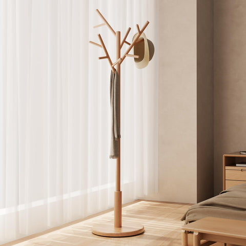 AQIMUELE Coat Stand, Wooden Coat Rack, Freestanding Stand with 12 Hooks, 3 Heights for Clothes, Hats, Bags, Coat Stands for Hallway, Small Space