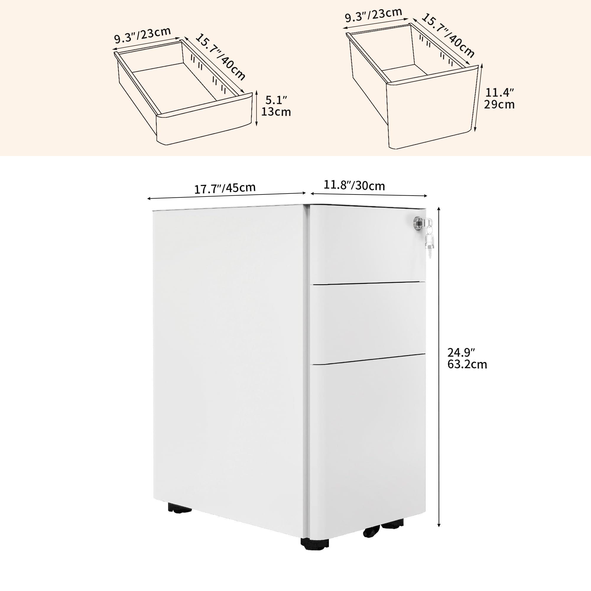 DWVO 3 Drawer Lockable Filing Cabinet Mobile Steel Office White 30x45x61cm