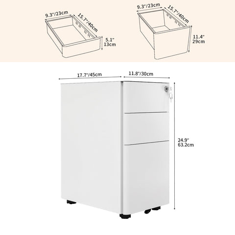 DWVO 3 Drawer Lockable Filing Cabinet Mobile Steel Office White 30x45x61cm