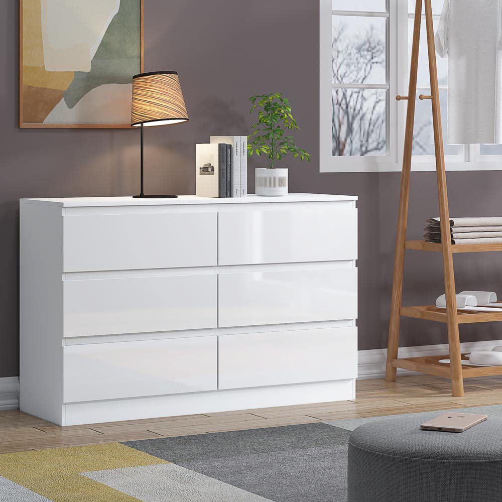 FWStyle Modern 6 Drawer Chest, 40 cm Length x 120 cm Width x 77 cm Height, White Gloss
