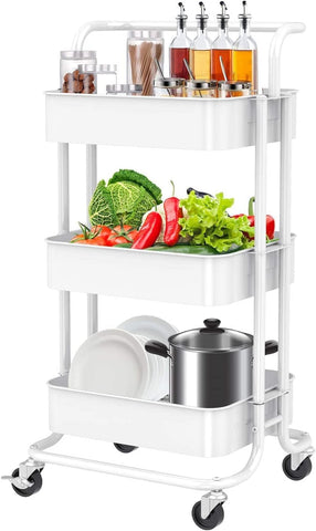 lamde 3-Tier Metal Rolling Utility Cart with Handle, Utility Organizer Cart-Multi-Functional Storage Trolley for Office, Living Room, Kitchen