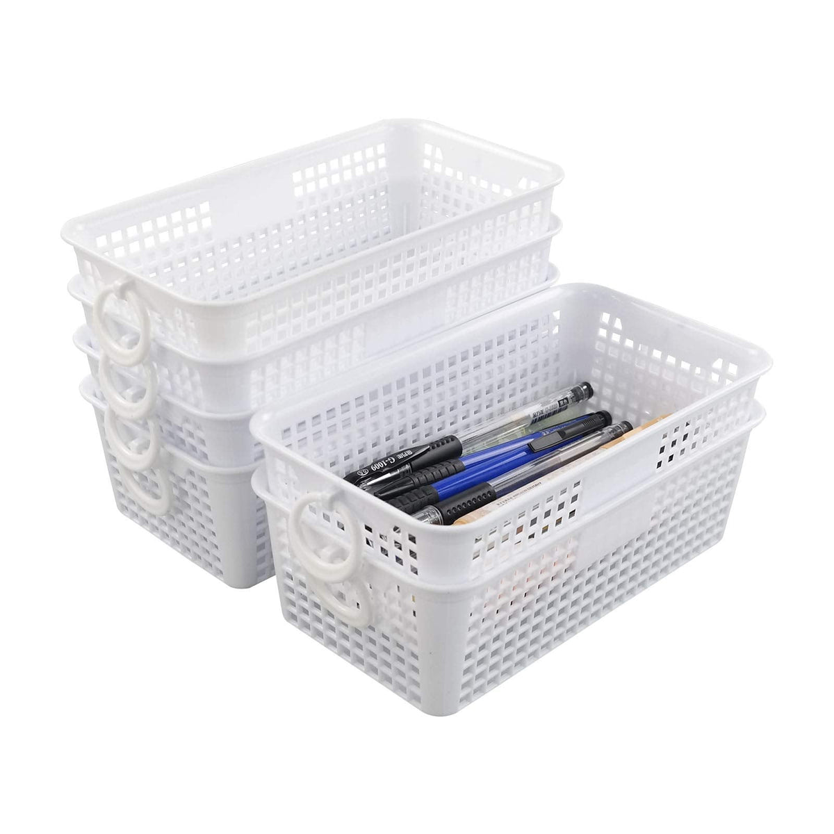Cadineer 6 Packs Mini Storage Basket with Handles, Plastic Home Baskets, White, F