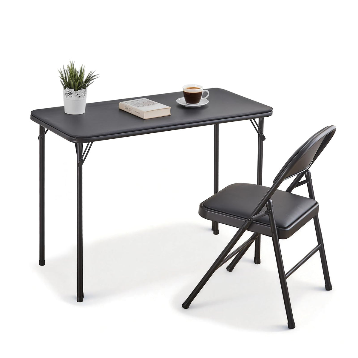 CHAIRABLE Folding Table and Chairs Set with Padded Seats, Black