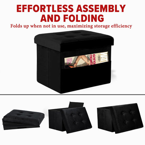 LINMAGCO Storage Ottoman Folding Foot Stool Foot Rest with Side Pocket Modern Ottoman with Storage Short Sofa Stool Velvet 43X33X33CM(Black)