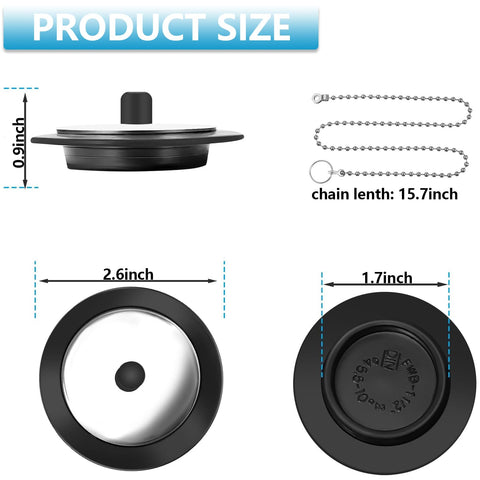 2 Pcs Universal Bath Plug, Kitchen Sink Plug with Stainless Steel Chain, Bath Plug Replacement, Bathroom Sink Plug Replacement