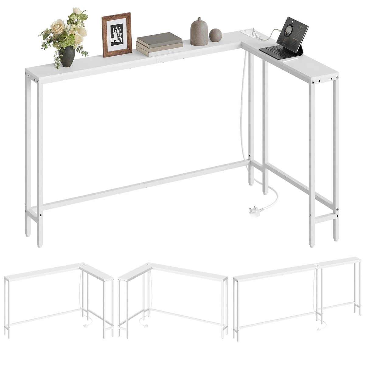 YATINEY Slim Console Table, 180 cm Narrow Sofa Table with Power Outlets, Behind Entryway Table, 3 Assembly Options, for Entryway, White XCT07KWW