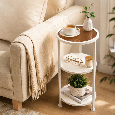 ZEXVIDA 3-Tier Round Side Table with Amber Tempered Glass Top,White & Amber