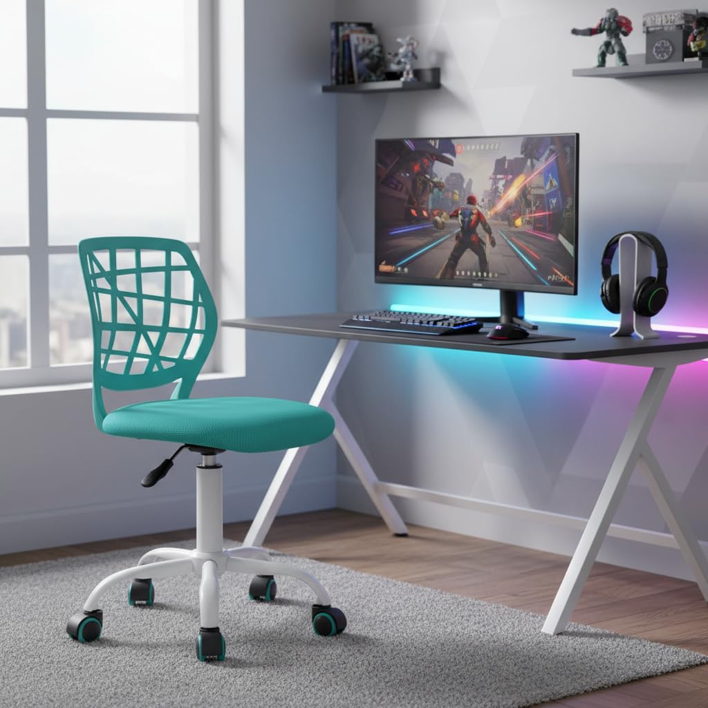 FurnitureR Compact Gaming Chair, PP Hollow Backrest, Adjustable Height, Ergonomic Swivel Foam Seat, 5 Wheels Iron Base, for Reading, Drawing, Gaming