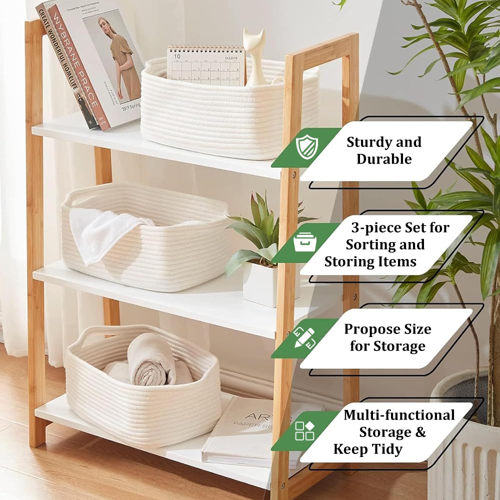 Jonuin Cotton Rope Storage Baskets, 3 Pack 32x22x14cm Storage Baskets for Shelves, Small Woven Storage Baskets for Organizing Towels