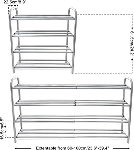 Gurkkst 4 Tier Extendable Shoe Rack Organiser Strong and Durable Heavy Duty Metal Footwear Storage Rack Holds 20+ Pairs (60-100) x 22,5 x 61,5 cm