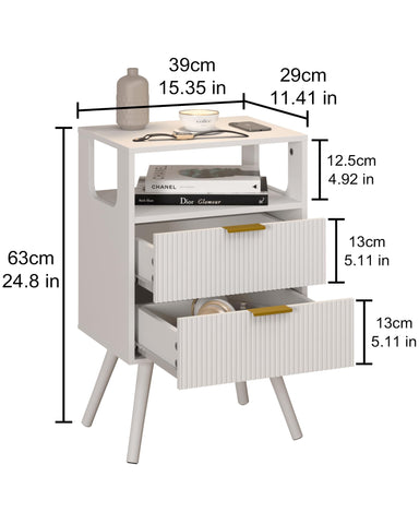 JERX Wooden Bedside Table, Nightstand with 2 Storage Drawer and Open Shelf Modern Bedside Cabinet for Bedroom,White