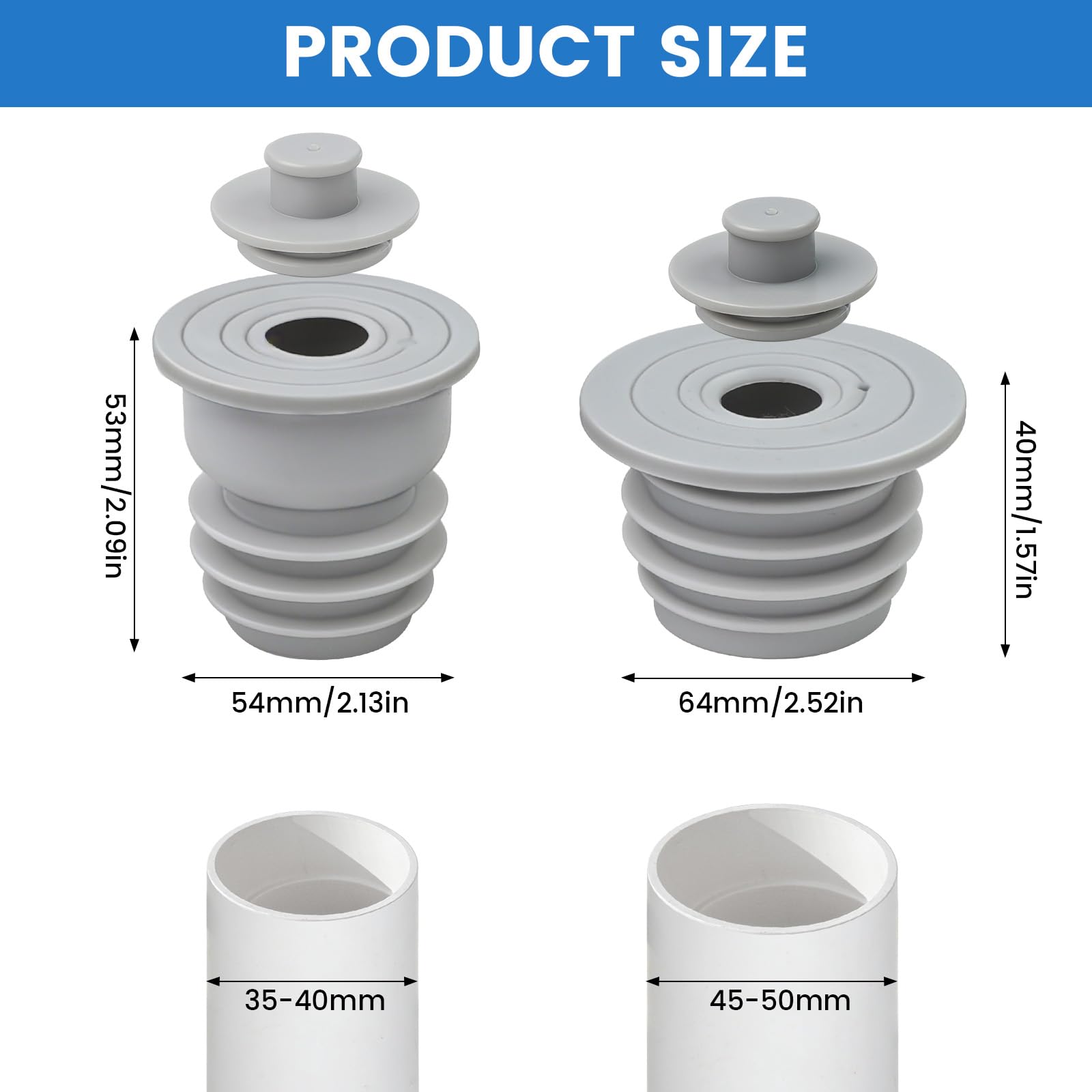 2PCS Washing Machine Waste Pipe Connector, 35-40mm, 45-50mm Washing Machine Drain Hose Seal, Drain Pipe Silicone Seal Plug with Built-in Valve