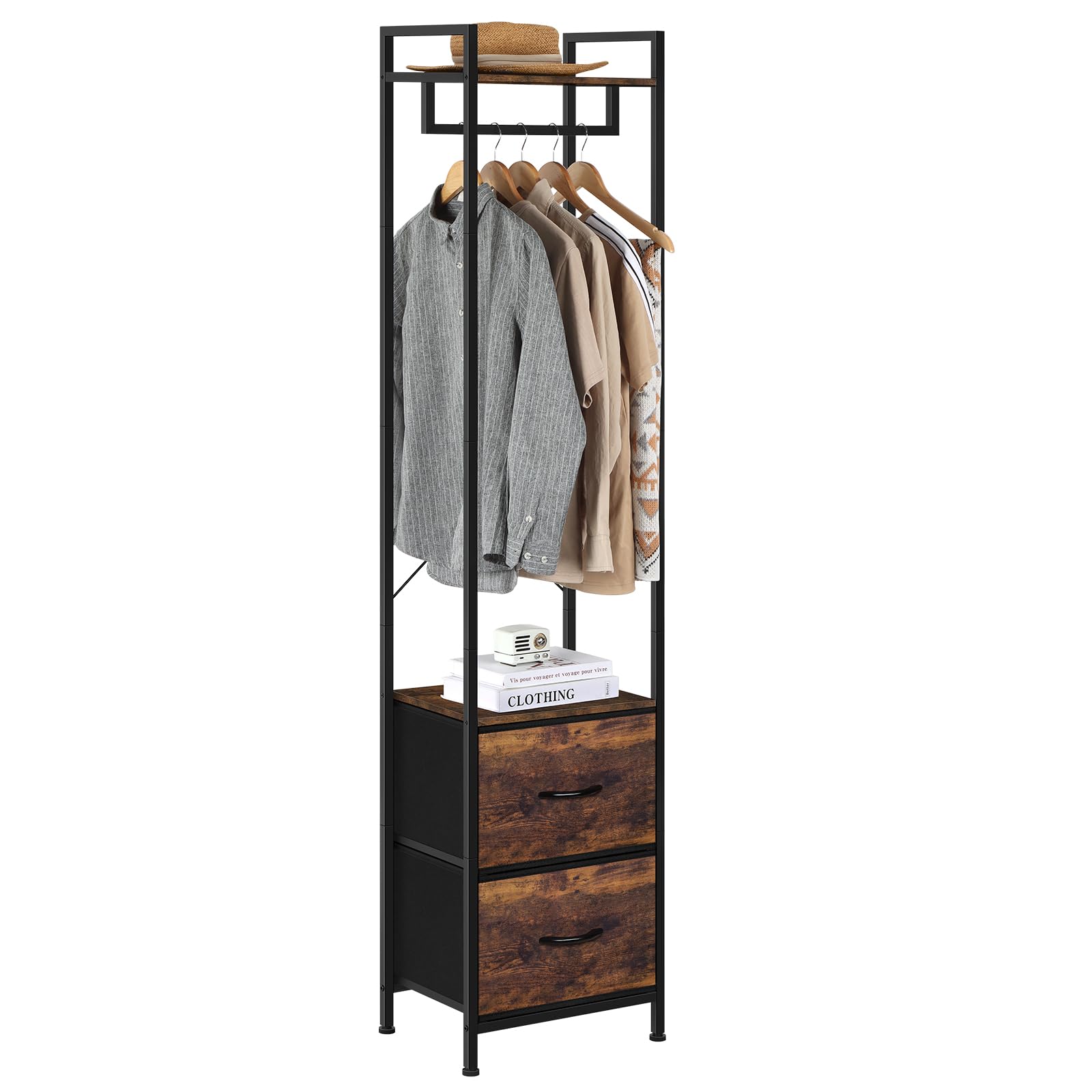 UOMIO 180CM Tall Clothes Rail with Drawers, Narrow Freestanding Coat Rack, Space Saving Clothing Rail Hanger with Storage Shelf