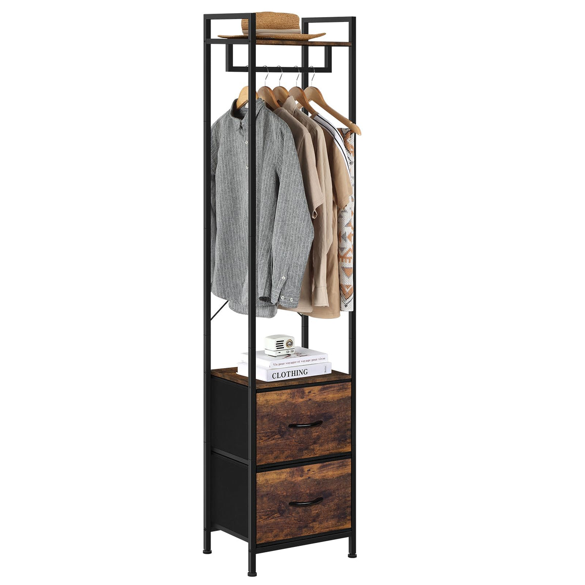 UOMIO 180CM Tall Clothes Rail with Drawers, Narrow Freestanding Coat Rack, Space Saving Clothing Rail Hanger with Storage Shelf