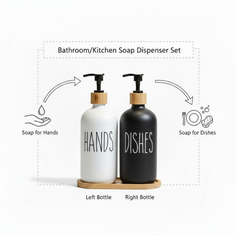 kitchen Soap Dispenser Set, washing up liquid dispenser,Glass Bottle Jar with Bamboo Tray,suitable for Bathroom, Kitchen, Laundry Room