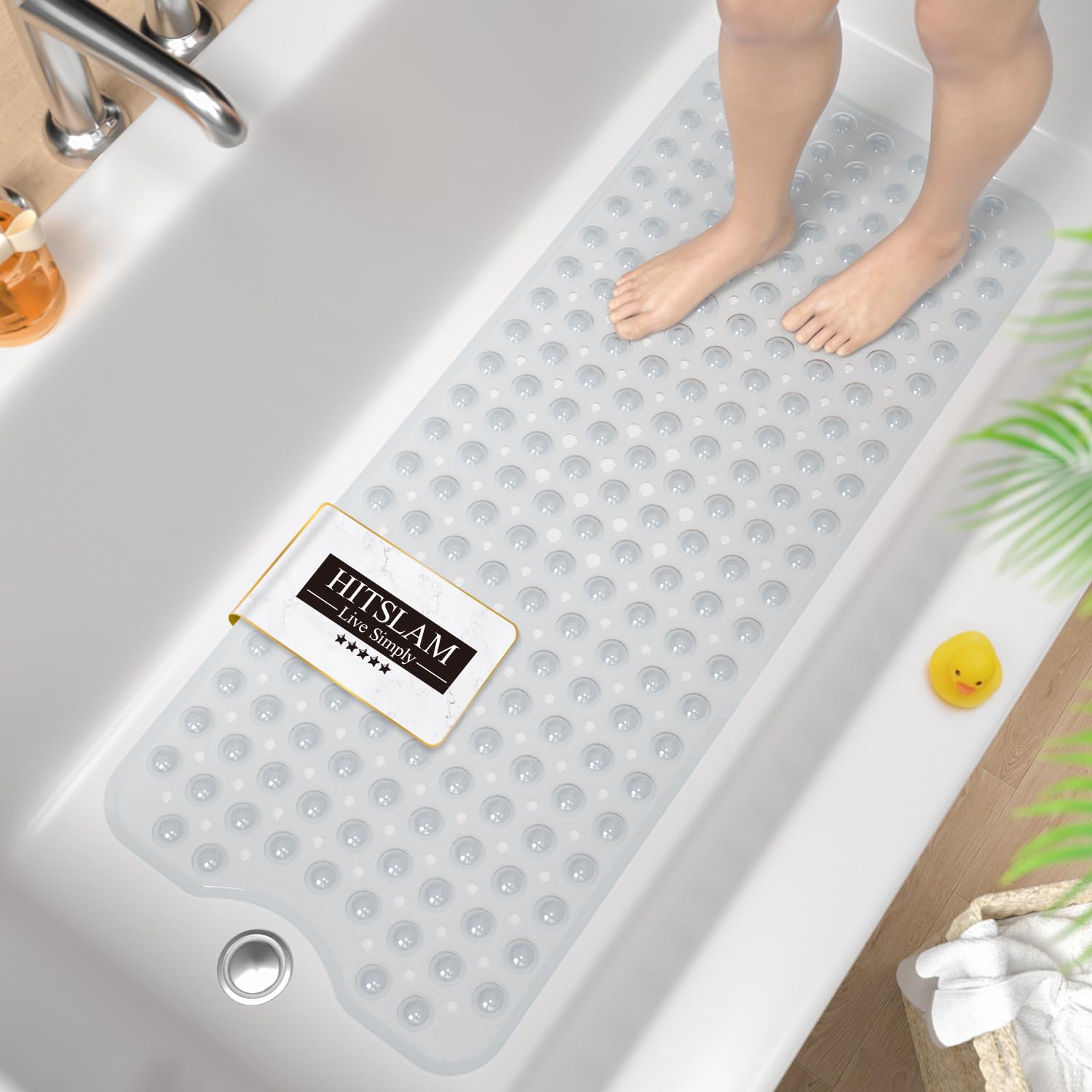 HITSLAM Non Slip Bath Mat for Tub, 101 x 40cm Extra Long Shower Mat Anti Mould, Machine Washable Bathroom Bathtub Mat with Suction Cups and Drain