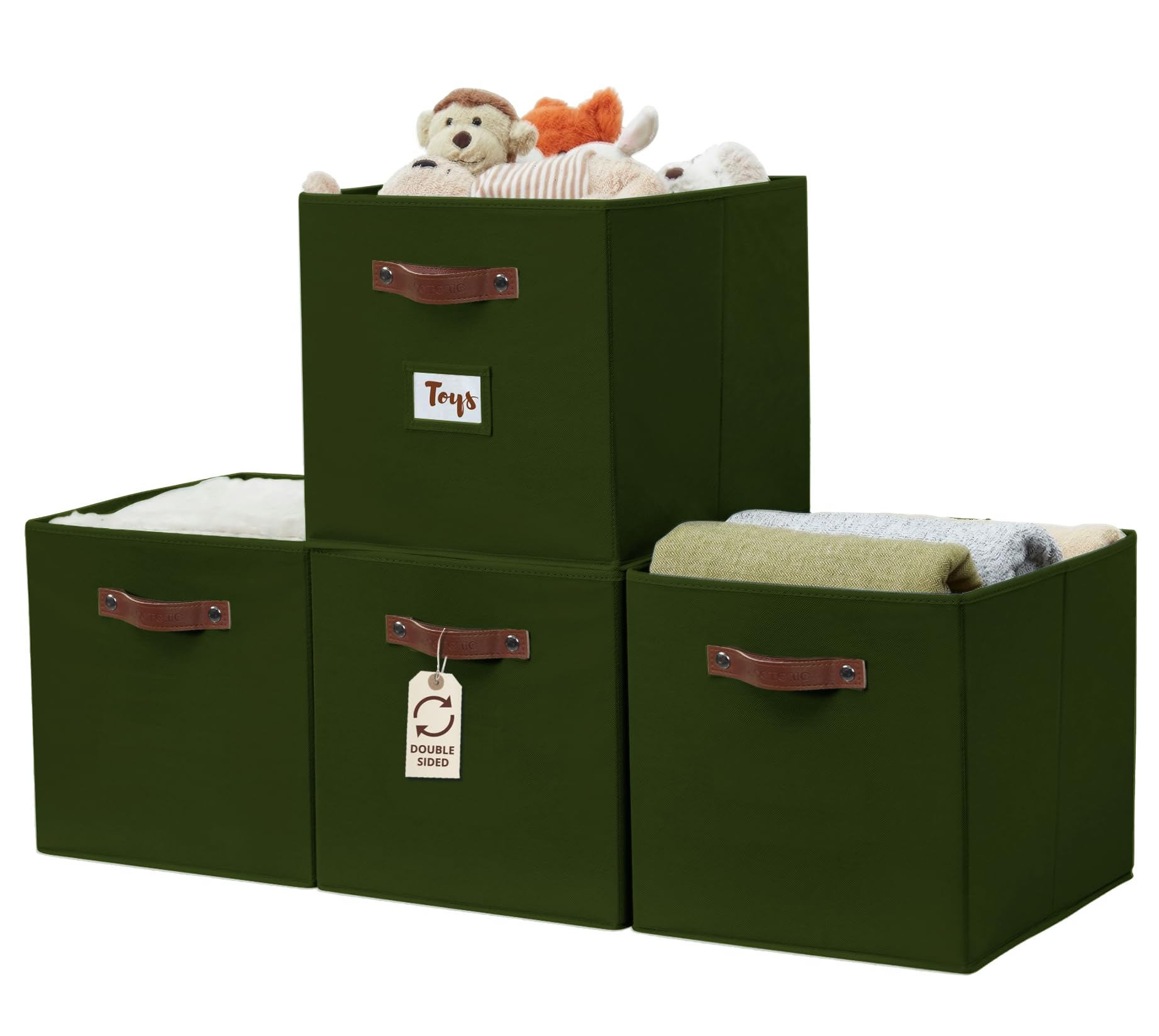 DECOMOMO Storage Baskets, 13x15x13 Storage Cube Bins with Labels for Organizing Shelves Kallax (Kallax / 4pcs, Olive Green)