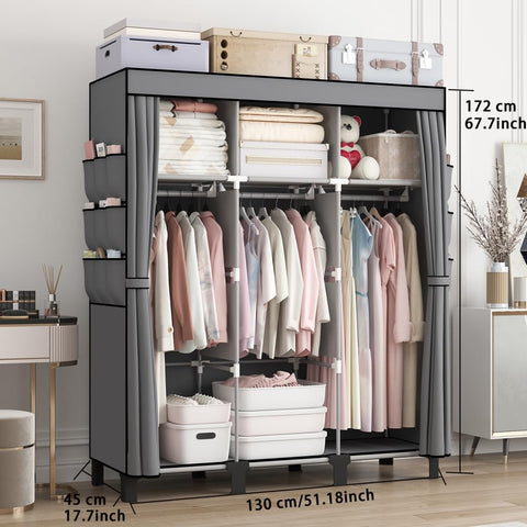 dongliangqinying Portable Fabric Wardrobe, 130x45x170cm Foldable Closet with 3 Hanging Areas and 18 Side Pockets
