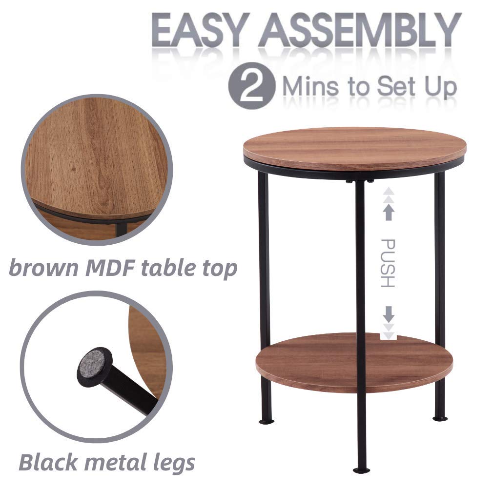 GOLDFAN Round Side Table Small Coffee Table Living Room Telephone Bedside Table Sofa End Round Brown