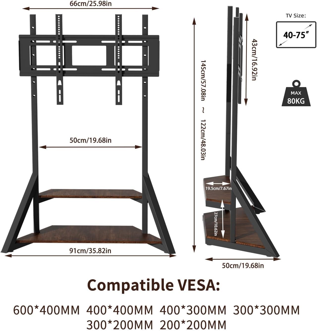 unho Floor TV Stand with Shelves, No Drill Mount for 40-75 Inch TVs
