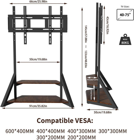 unho Floor TV Stand with Shelves, No Drill Mount for 40-75 Inch TVs
