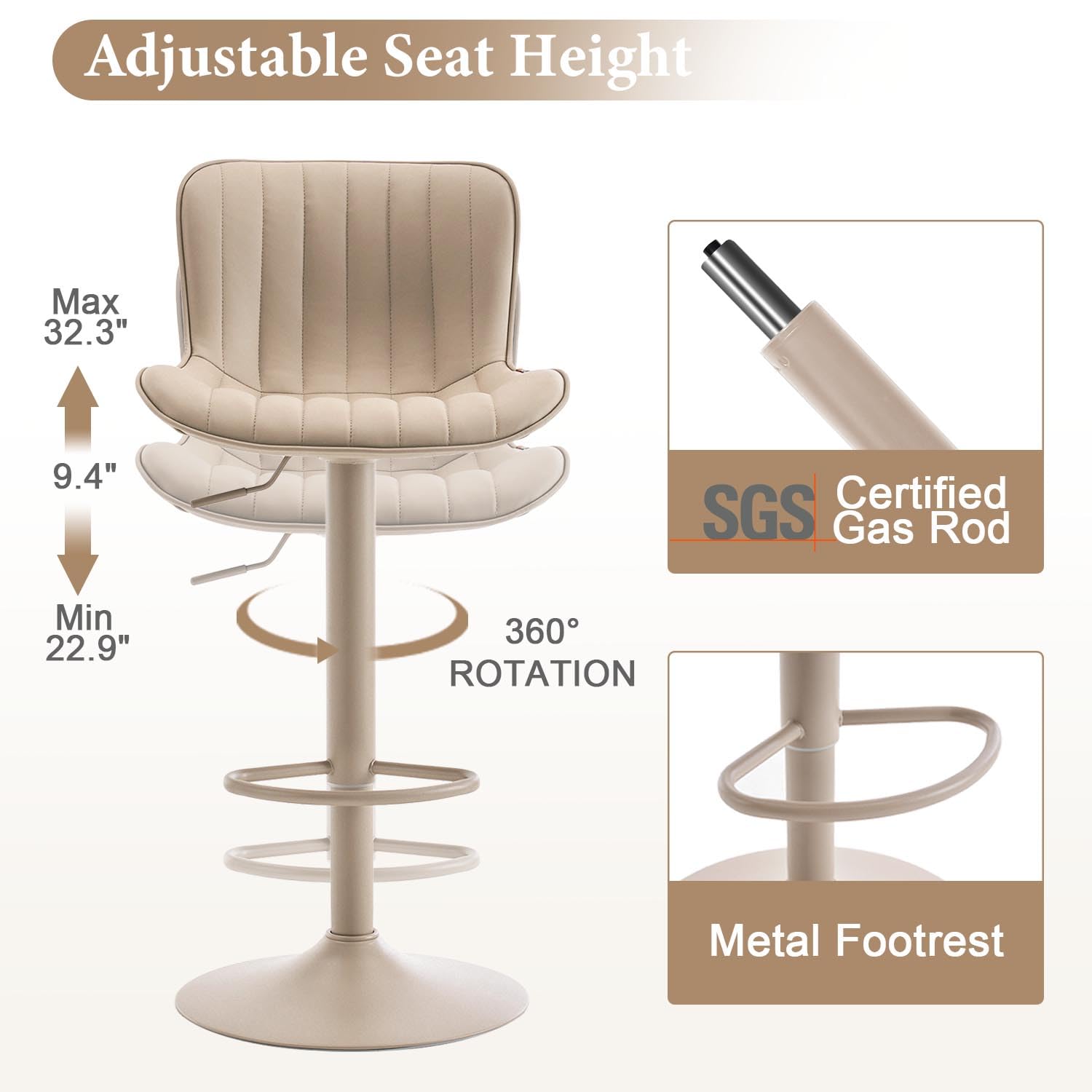 Kidol&Shellder Bar Stools Set of 2 Modern Breakfast Bar Stools, ALL Khaki