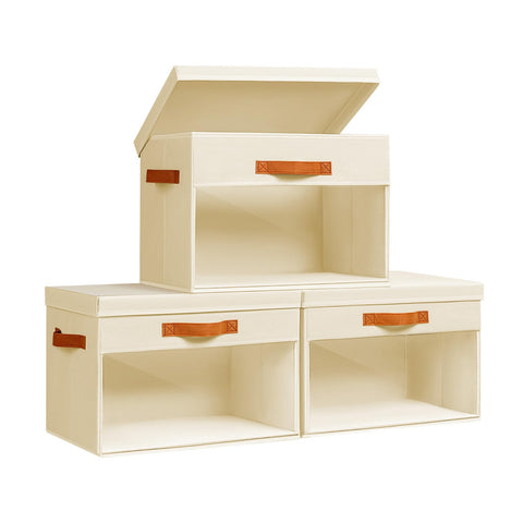 Homsorout 3 Pack Fabric Storage Boxes with Lids & Clear Windows Beige 22L