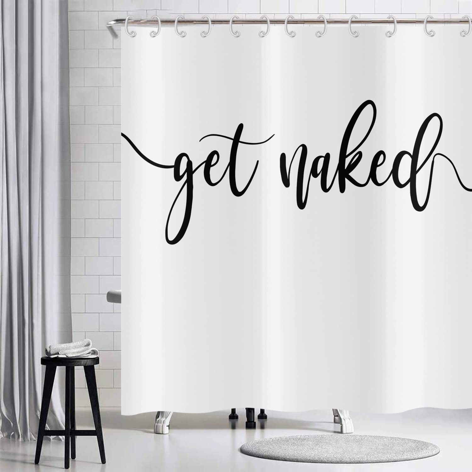 Hnmdmyi White Shower Curtain 180x180, Black Art Font Words Get Naked Shower Curtains Funny Quotes Beautiful and Cool Bathroom Curtains Waterproof