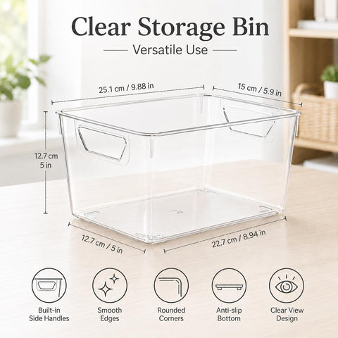 Sydroya 4 Pack Clear Plastic Storage Bins, Pantry Organiser Bins with Handle for Fridge, Kitchen, Cupboard Organization, Refrigerator, Countertop