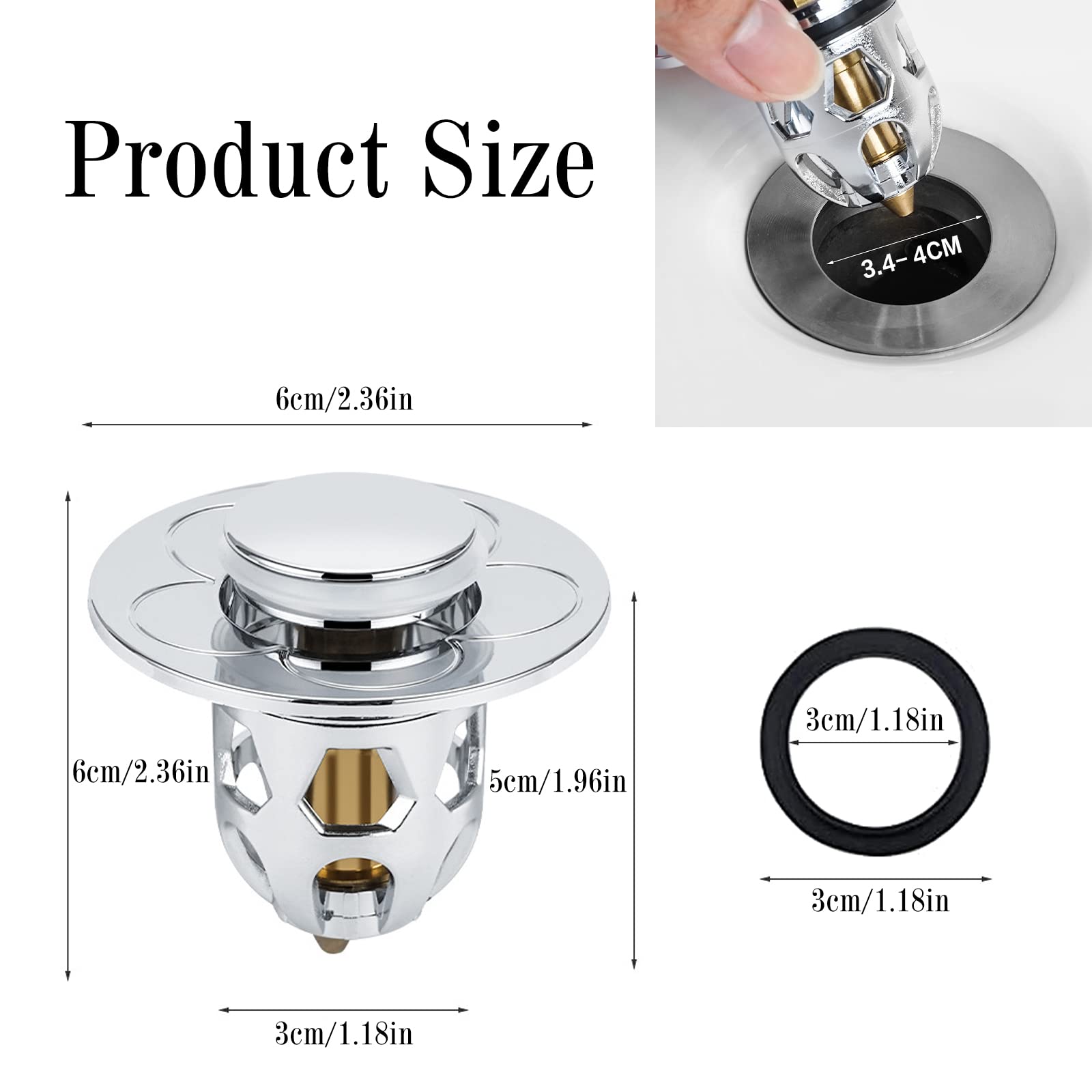 RUNEAY Sink Drain Plug Pack of 2 Sink Plug Pop Up Universal Drain Strainer with Anti-Clogging Strainer for Sinks Bathtub Kitchen Diameter 34-40 mm