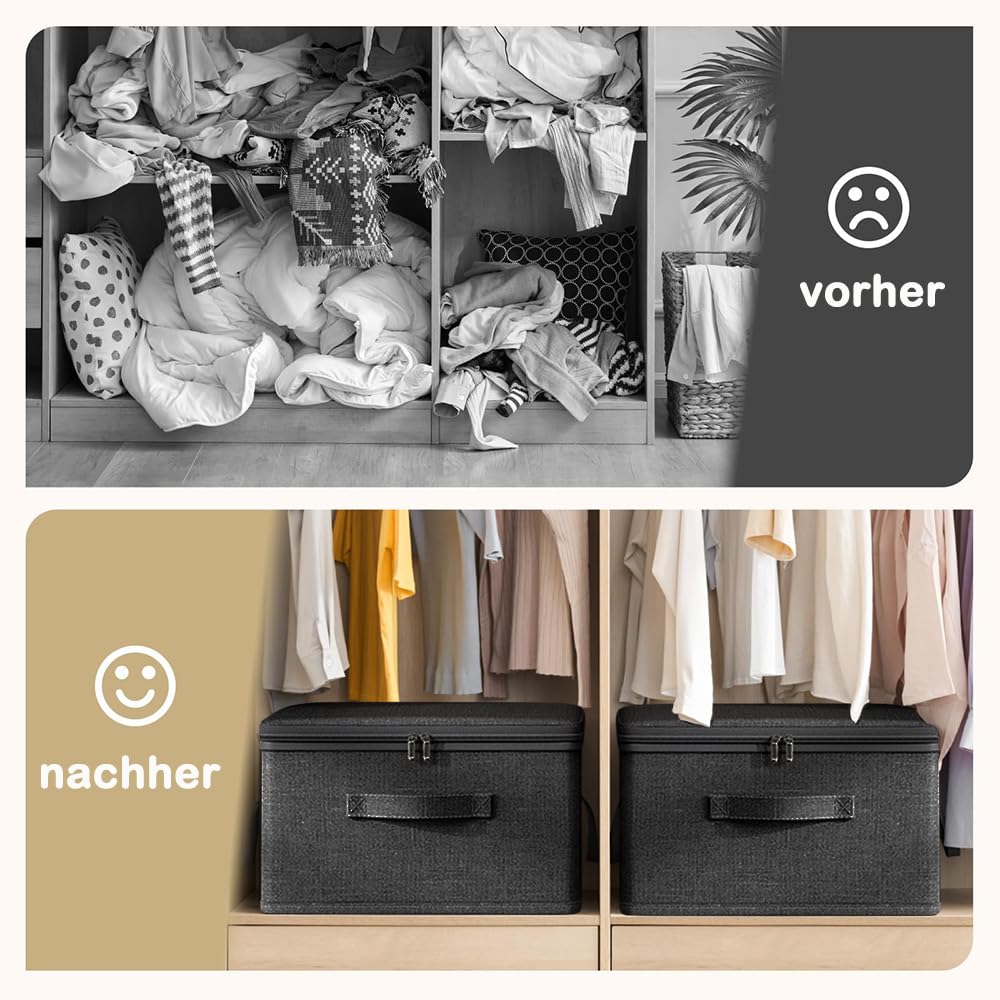Exquilnova 2PCS Storage Boxes with Lids,Grey Wardrobe Storage Organiser,Foldable Fabric Boxes with Reinforced Handle,Clothes Box with Zips for