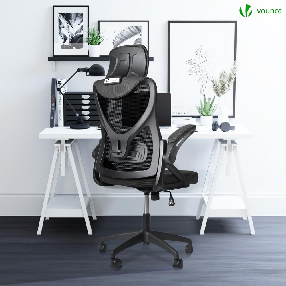VOUNOT® Ergonomic Office Desk Chair, High Back Computer Chair, Executive Swivel Chair with Adjustable Lumbar Support & Headrest for Home Office, Black