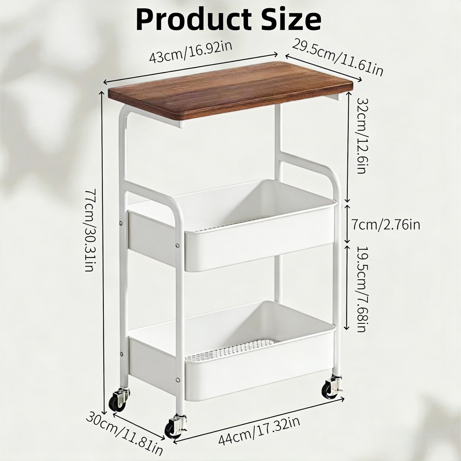 3 Tier Metal Rolling Utility Cart Organizer with Walnut Table Top, Stable and Sturdy Rolling Storage Carts with 2 Lockable Wheels for