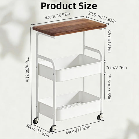 3 Tier Metal Rolling Utility Cart Organizer with Walnut Table Top, Stable and Sturdy Rolling Storage Carts with 2 Lockable Wheels for