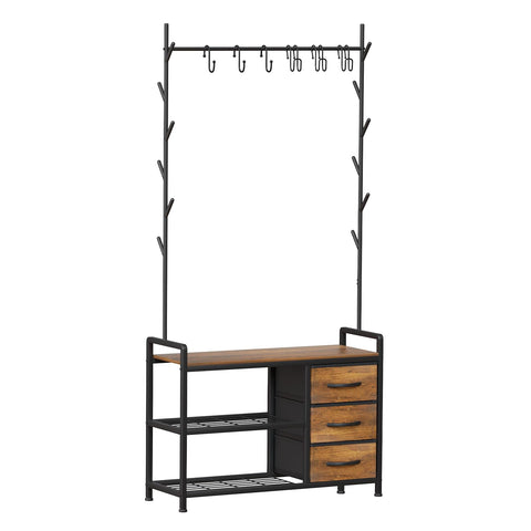 Free Standing Coat Rack Rustic Hall Tree Bench 33"x12"x69.3" Rustic Brown