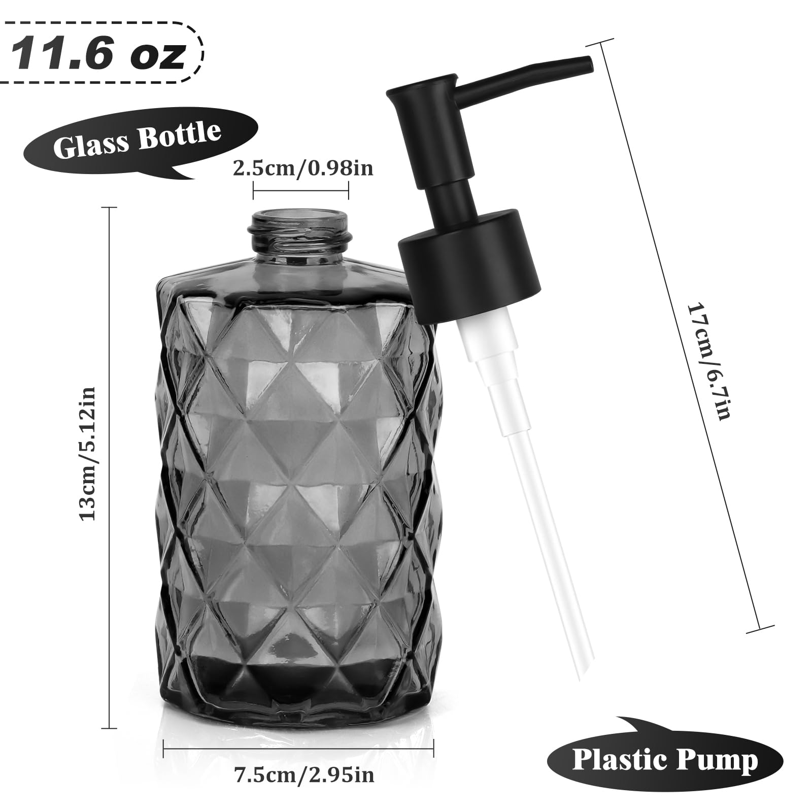 Glass Soap Dispenser, 330ml Refillable Glass Bottle with Rust-Proof Plastic Pump Head for Bathroom, Mordern Design