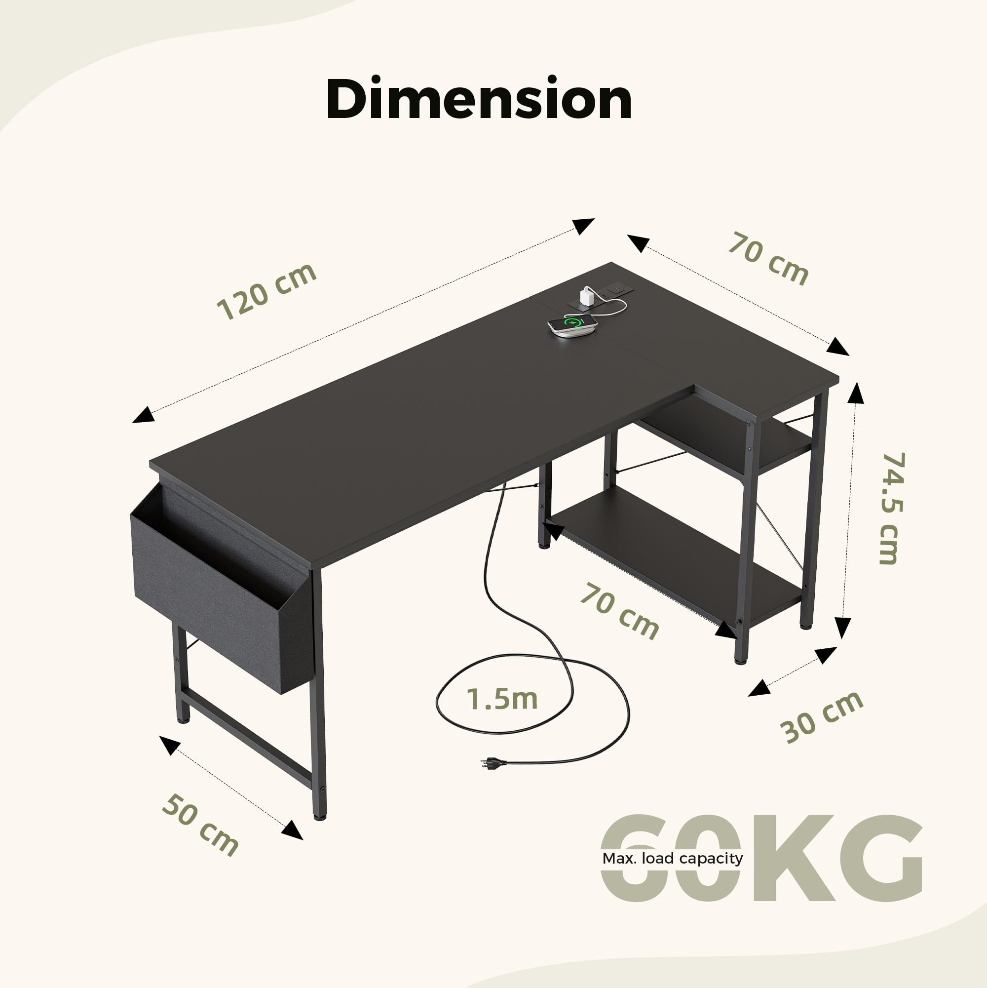 Mericonia Reversible Corner Desk, w. Power Outlets, 120x70cm, Black