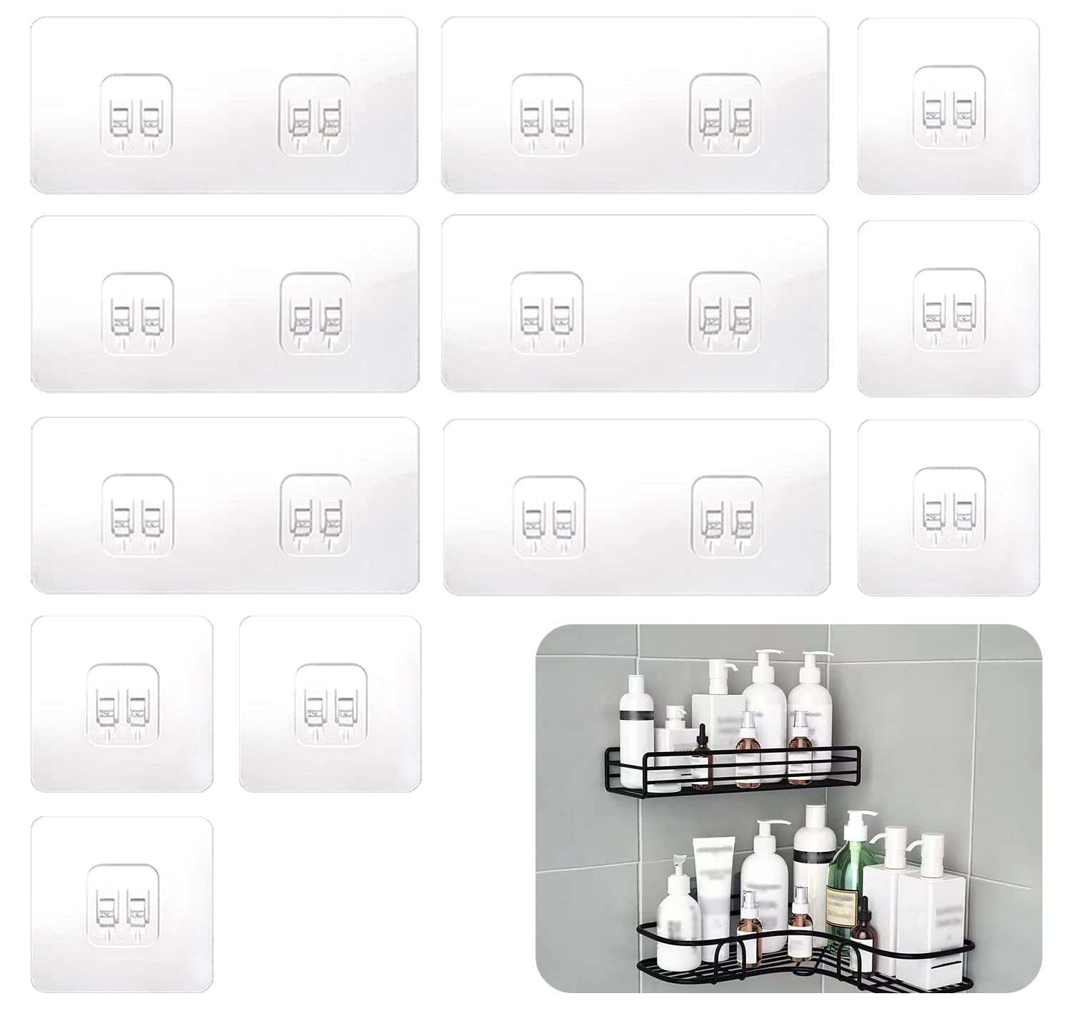 SUBTAVIK 12 Pcs Shower Caddy Adhesive Hooks Replacement, Corner Sticker Transparent Sticky for Bathroom Kitchen Shelf (Double&Single Hook), (YW0133)